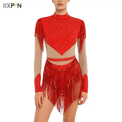 Imagen 1 del producto Body de patinaje artístico para mujer, borla de lentejuelas con diamantes de imitación, manga larga, cremallera trasera, vestido de leotardo de Color contrastante para baile latino Chacha
