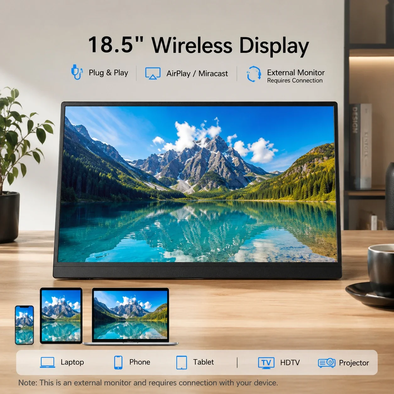LESOWN 18.5 Inch Wireless Monitor 1080P FHD WiFi Display 100% sRGB HDTV Secondary Screen for Laptop Phone Office Gaming