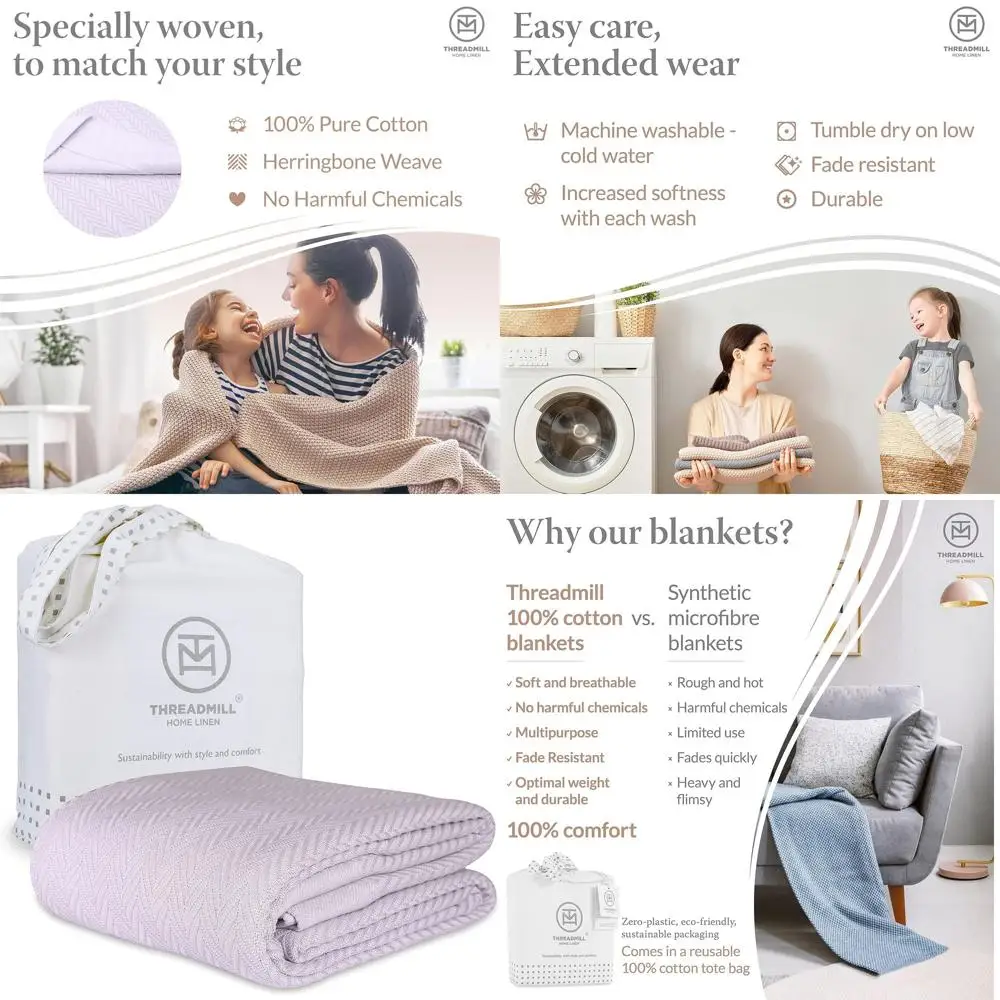 

Всесезонное одеяло King из 100% хлопка, рисунок «елочка», мягкое и теплое, подходит для короля Калифорнии, 106x92, сиреневый