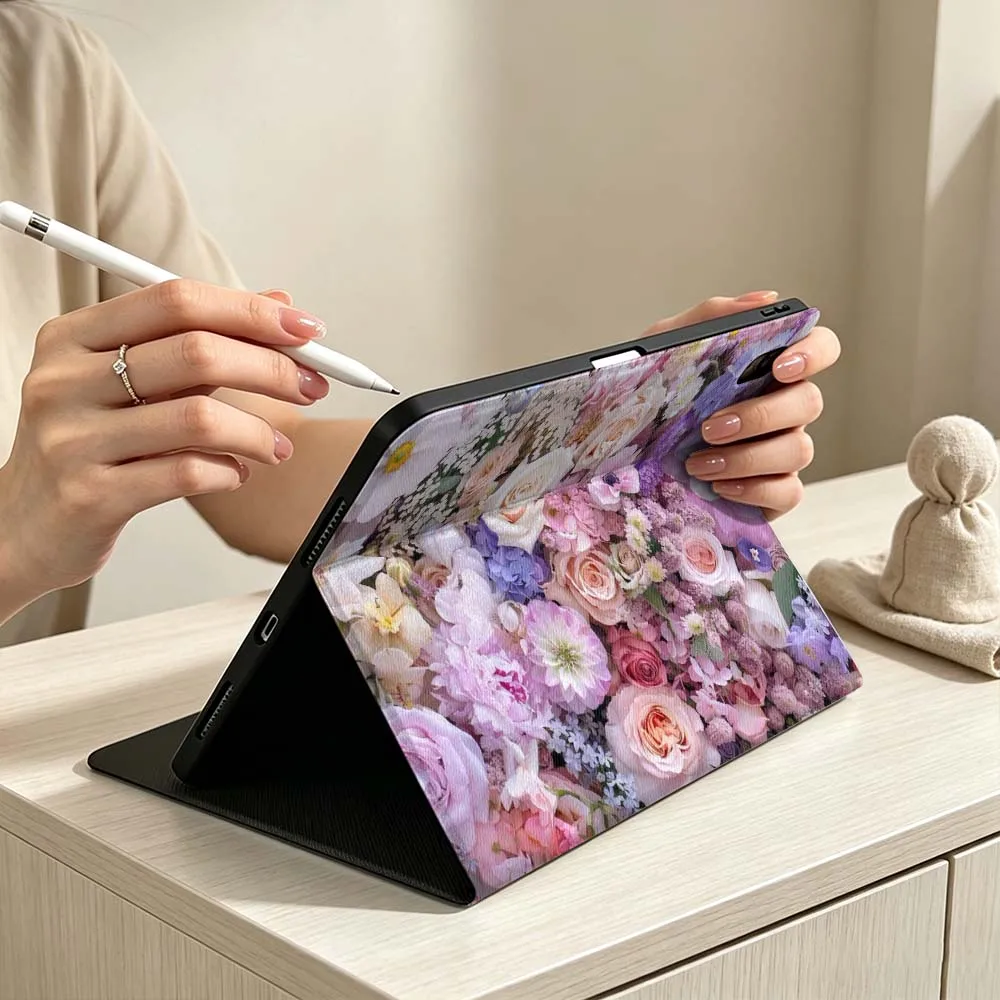 Pink Roses Cluster Print For iPad Pro Air mini 7 6 5 4 3 2 1 M5 M4 M3 11th 10th A17 Pro A16 A14 Soft Pen Tray Tablet Case