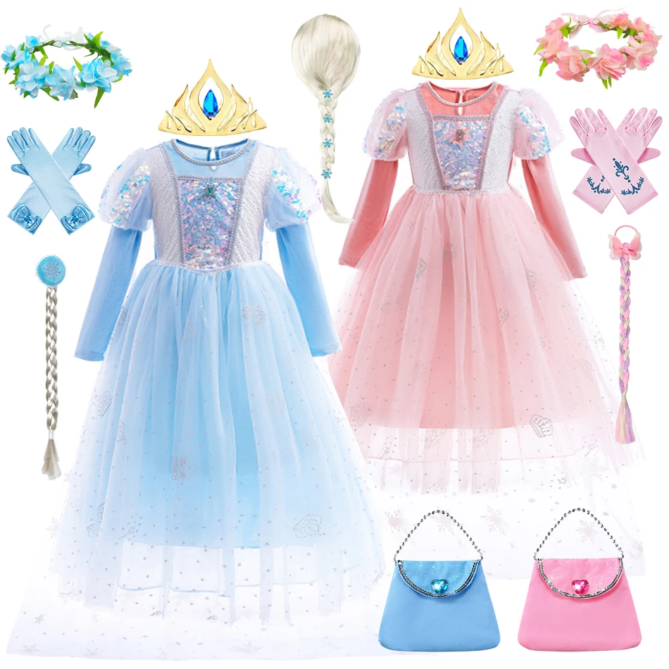 

Elsa Cosplay Dress for Girls Kids Pink And Bule Sequin Puffy Skirt Birthday Carnival Party Ball Gown Twins Dress