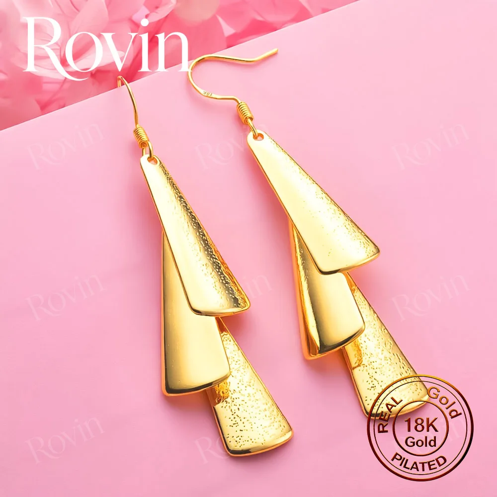 18K Gold Exquisite Triple-Layered Triangular Earrings – Minimalist & Stylish Jewelry for Weddings and Parties