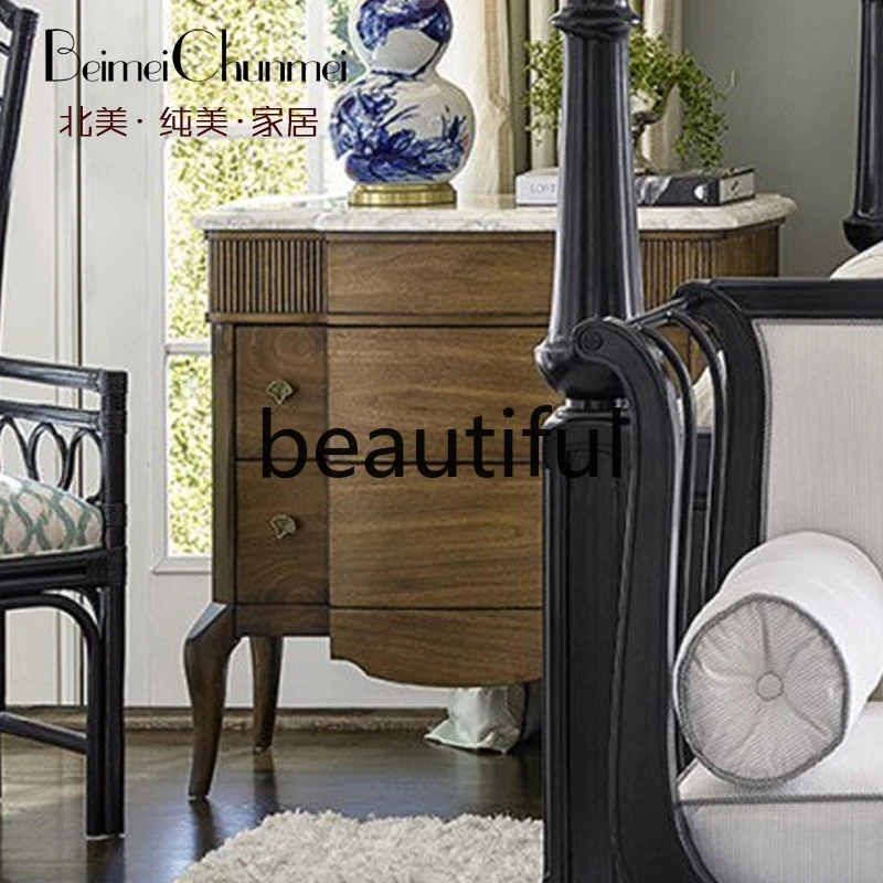 American retro bedside table European solid wood bedroom storage corner cabinet mahogany marble surface