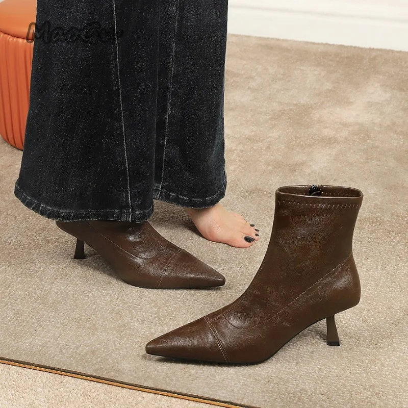 High Heel Women's Ankle Boots Soft Leather Suede Elegant Office Ladies Short Boots Bota Feminina Size 35-39 Pointed Toe Botines