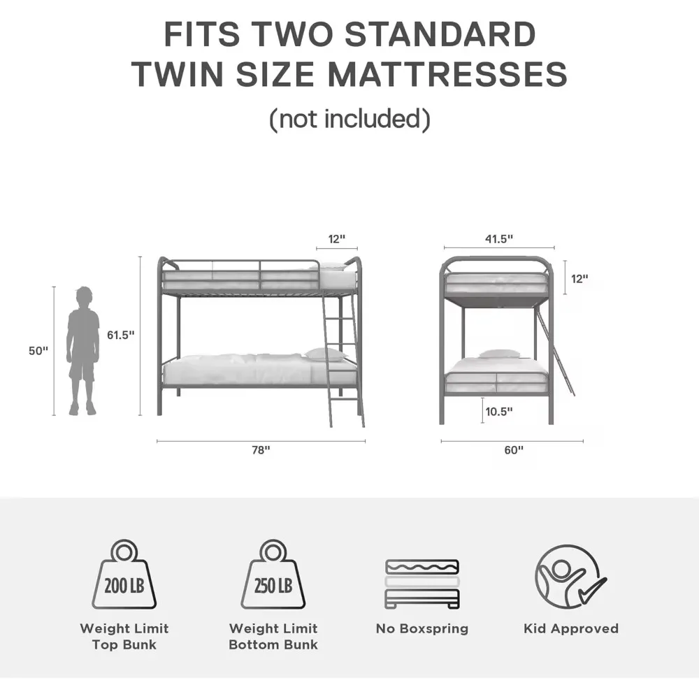 Dusty Metal Bunk Bed Frame for Kids, Teens, and Adults, with Angled Ladder, High Full Length Guardrail, Smooth Rounded Edges