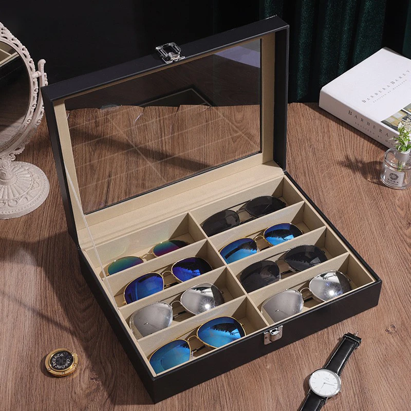 

8 Grids PU leather Eyeglasses Storage Box Sunglasses Glasses Display Case Travel Jewelry Organizer Container Transparent Lid