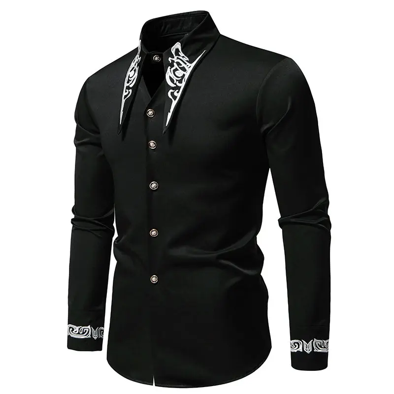 New Men Luxury Wedding Party Embroidered Dress Shirt Lapel Loose Tops Fashion Gentleman Court Banquet Evening Shirts