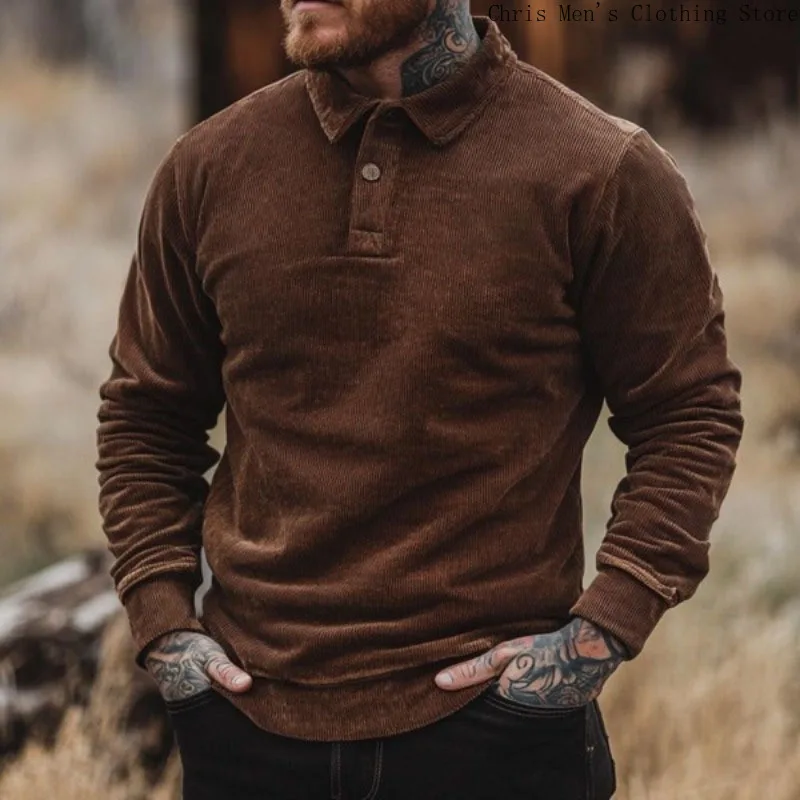 Men's Long-sleeved Pullover Sweatshirt  Autumn/winter New Men's Vintage Corduroy Polo Shirt Business Casual Men's Brown Shirt