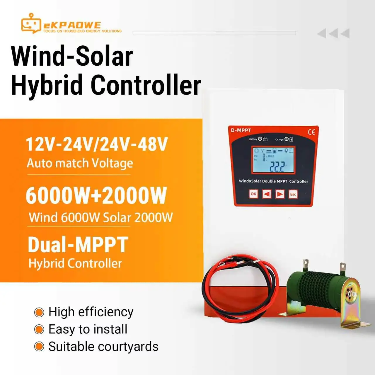 Contrôleur hybride éolien-solaire double MPPT EKPAOWE 12/24V 24/48V pour la production d'énergie hors réseau, énergie éolienne 6000W, énergie solaire 2000W, fonctionnement facile, affichage, entrepôt polonais, livraison rapide