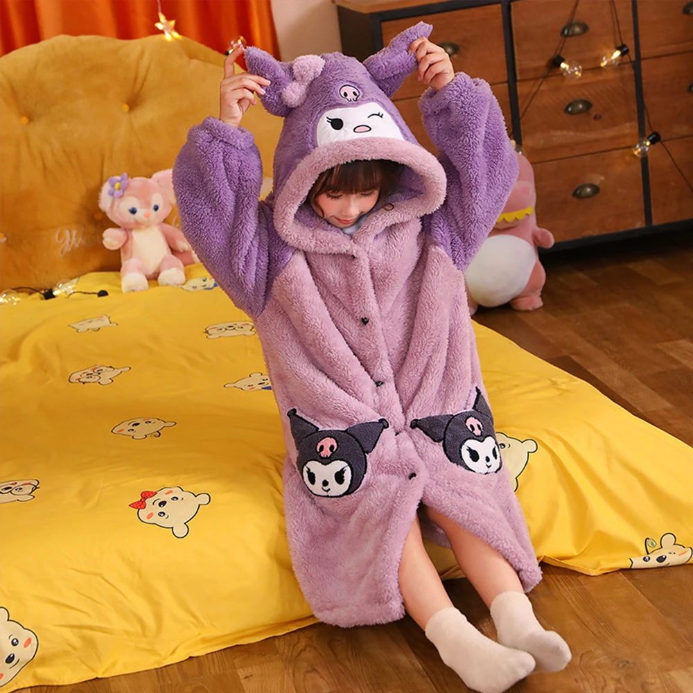 Sanrioed Kuromi Cinnamoroll Girls Children\'s Coral Fleece Thickened Pajamas Cartoon Kids Thermal Robe Autumn Winter Home Wear