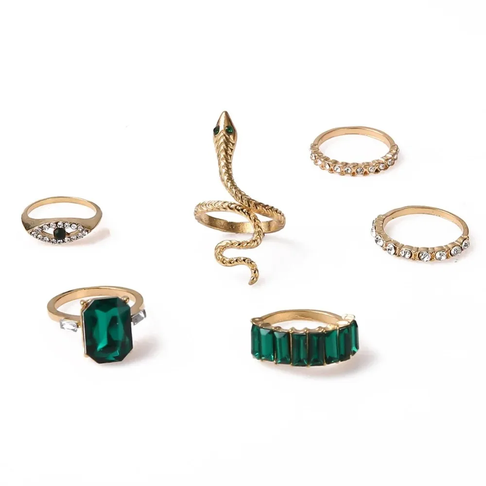 6 stks/set Luxe Groene Strass Ringen voor Vrouwen Vintage Crystal Snake Verstelbare Metalen Ring Set Sieraden Vinger Ring Party Geschenken