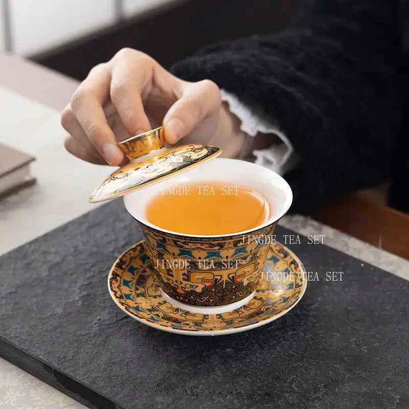 150ml Hoverable Ceramic Lid Bowl High End Lamb Fat Jade Kung Fu Tea Cup Tea Bowl Household Drinking Utensils Underglaze Colour