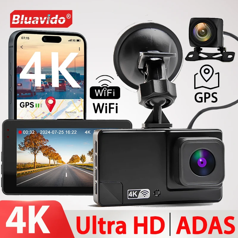 Bluavido 4K Ultra HD 3840*2160P Dash Cam ADAS WiFi GPS Logger IMX415 เครื่องบันทึกวิดีโอรถยนต์กล้องคู่ 1080P Night Vision สีดํากล่อง