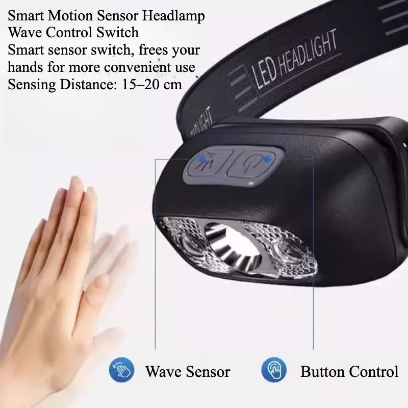 Super Bright LED Headlamp Rechargeable Motion Sensor Headlight Portable Flashlight for Camping, Fishing & Outdoor