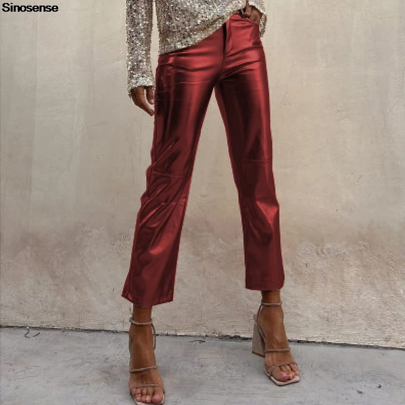 Women Shiny Metallic High Waist Ankle Length Pants Casual Straight Leg Bottoms Y2K Daily Wear Night Out Club Party Long Trousers