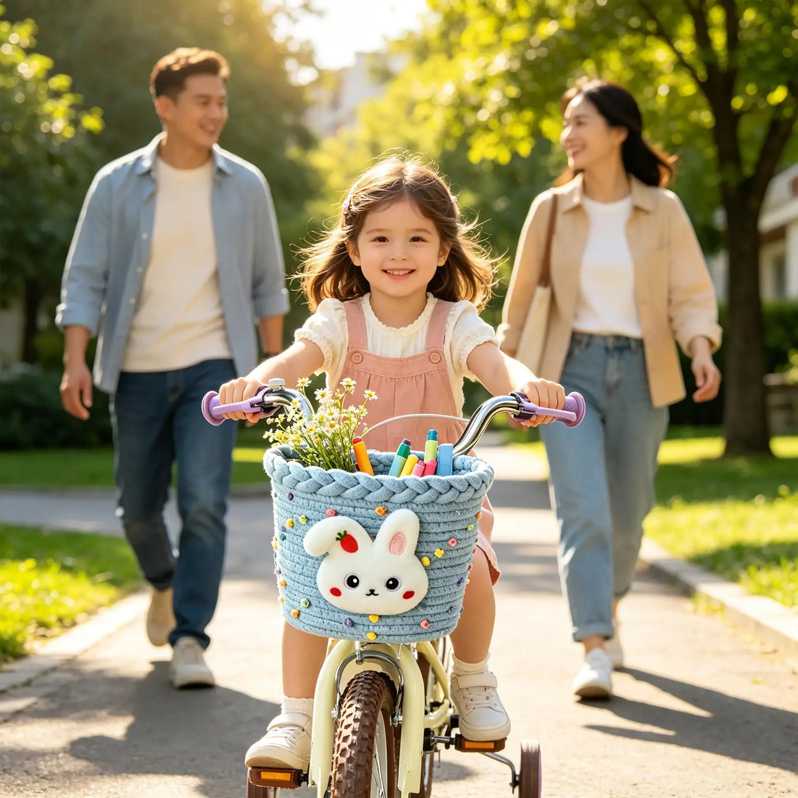 Kids Bike Basket Cute Rabbits Woven Adjustable Strap Storage Front Bike Storage Basket For Girls Kids Boys Riding Cycling