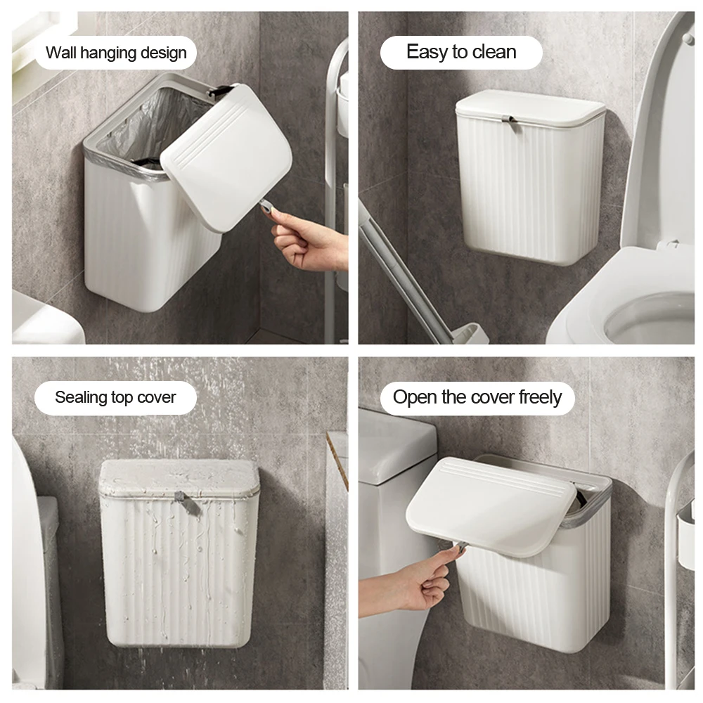 8/12L Bathroom Trash Can with Lid Wall Mounted Dustbin Hanging Trash Bin Waterproof Wastbasket Garbage Can for Toilet Bathroom