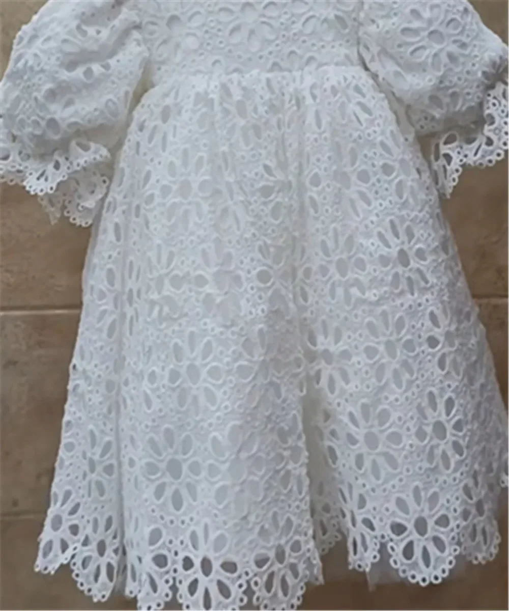 White Balloon Sleeve Flower Girl Dresses for Wedding Hollow Out Lace Long Princess Kids Pageant First Communion Ball Gown