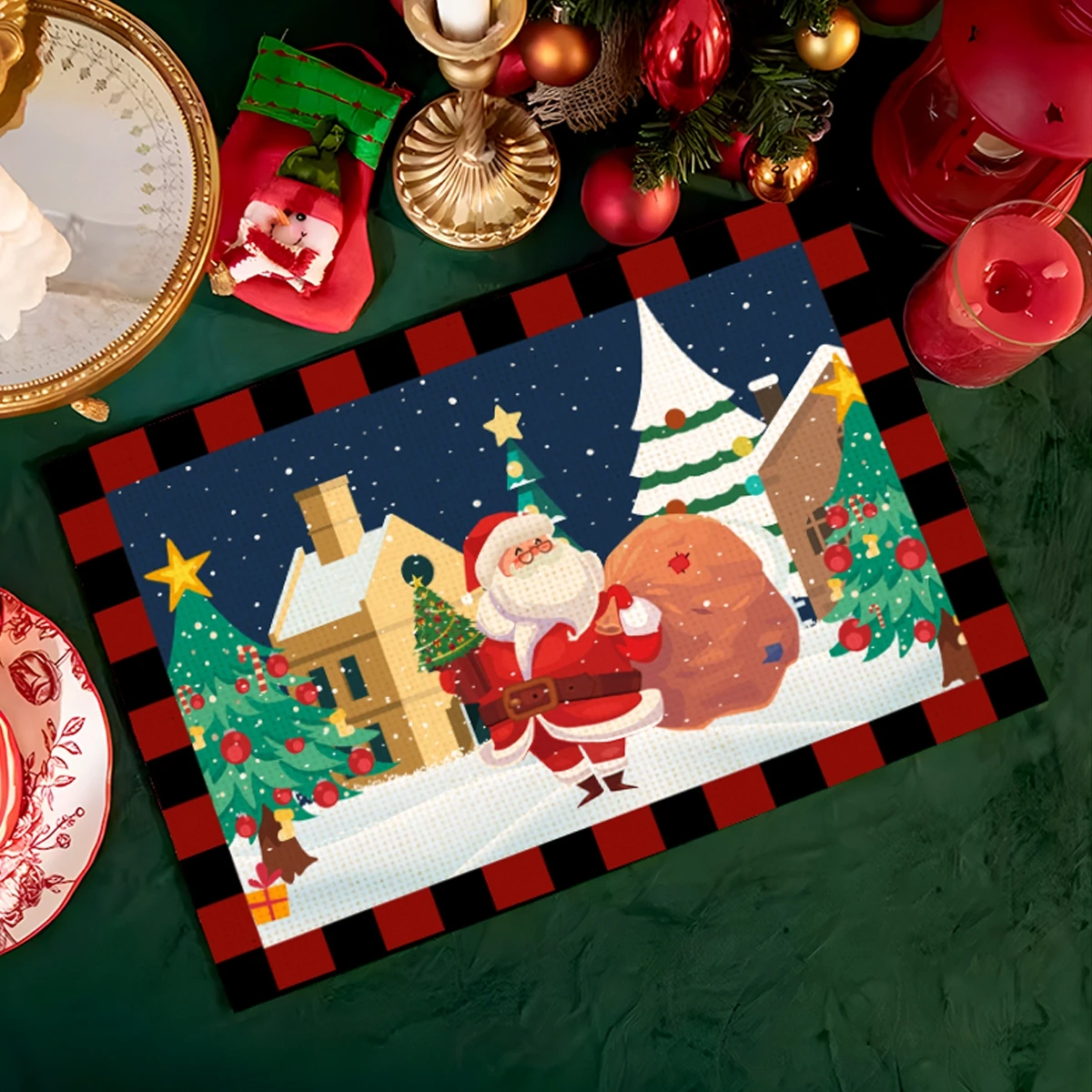 1pc New Linen Christmas Santa Claus Faceless Gnome Elk Tree Printed Table Placemat Pad Cloth Cup Coaster Coffee Tea New Year2024