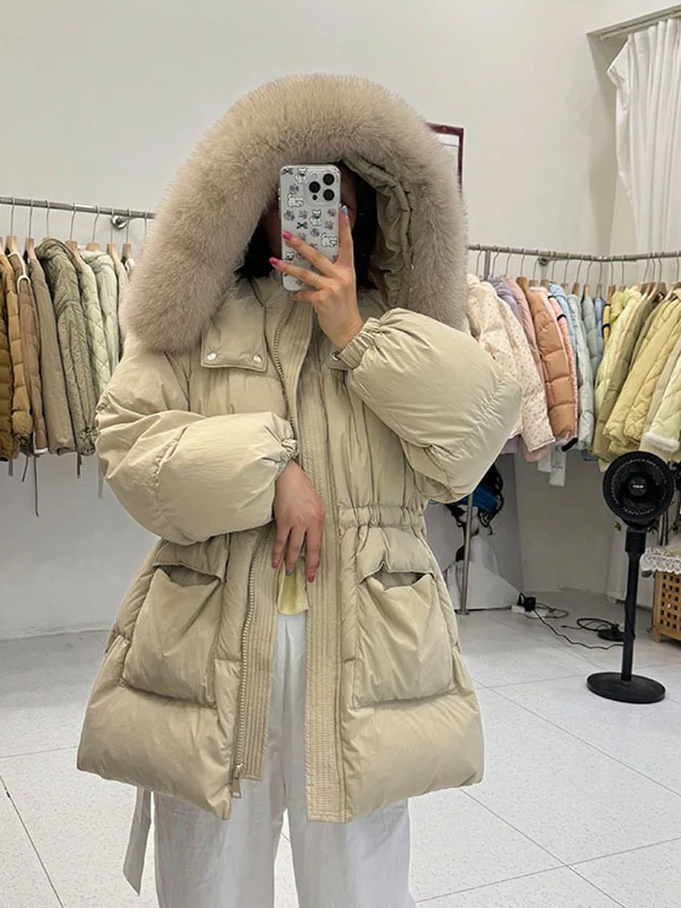 New Winter Large Real Raccoon Fur Hooded Duck Down Filling Jacket Women Loose Waterproof Puffer Coat Thickened Warm Soft Parka