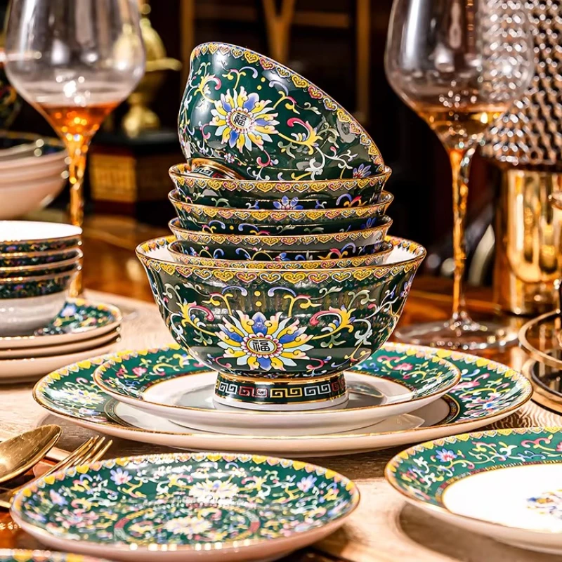 

High-end Authentic Enamel Chinese Tableware Set Moving Gift Jingdezhen Tableware Set Household Bone China Gift Box Set Home Use