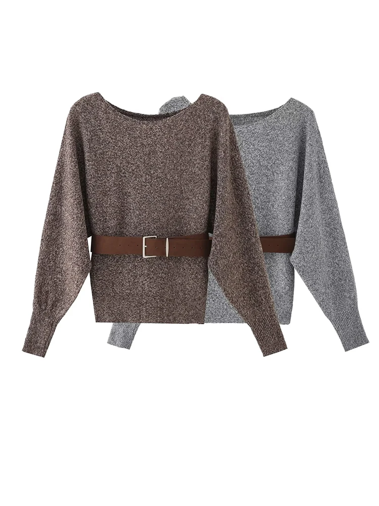 

Women's Batwing Sleeve Loose Pullover Knit Sweater with Belt Solid Color Autumn Sweater