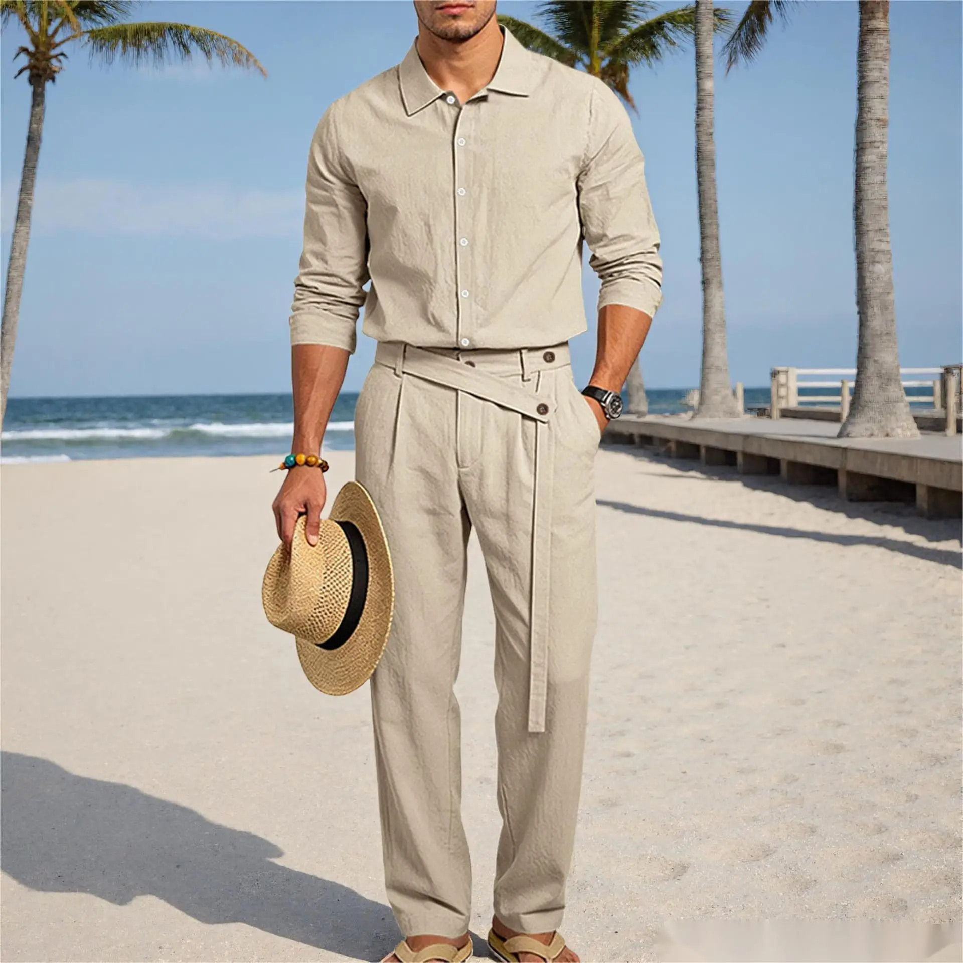 Europäisch-Amerikanisches Herren-Leinen-Freizeitset: Hemd mit Umlegekragen und Hose mit hohem Bund und Gürtel – Locker, atmungsaktiv, für Urlaub und Strand – Detail 26