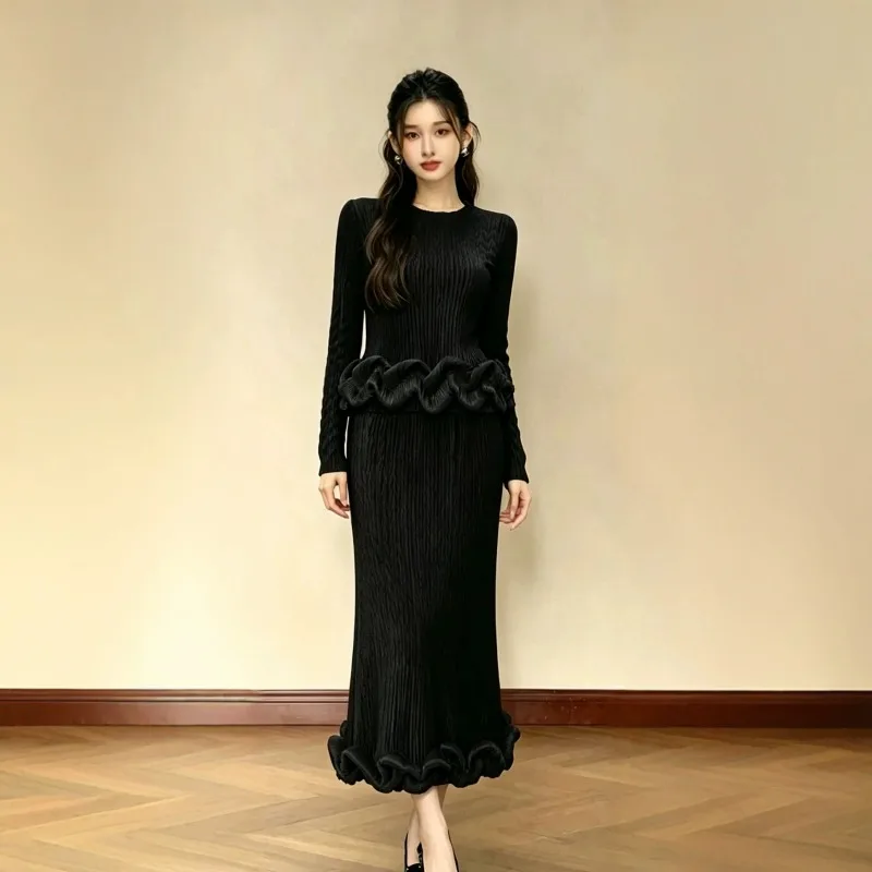 Pleated Skirt Set for Women 2026 Autumn New Velvet Round Neck Long Sleeve Top with Ruffled Hem + Fishtail Half Skirt Pleated Set