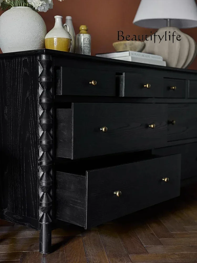 

French solid wood bedside chest TV bedroom black storage drawer American wall art porch chest