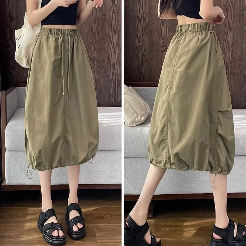Summer Women Fashion Mid Length A-line Skirts Female Solid Color Drawstring Skirt Retro Ladies Quick Drying Workwear Long Skirts