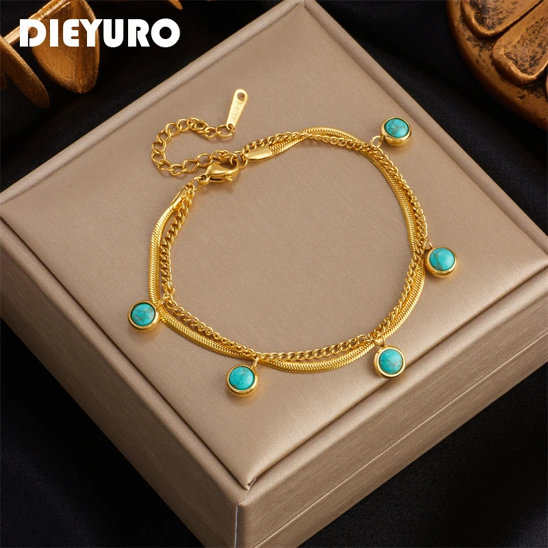 DIEYURO 316 Stainless Steel Green Stone 2-Layer Charm Bracelet For Women Fashion Rustproof Gold Color Wrist Jewelry Gift Pulsera