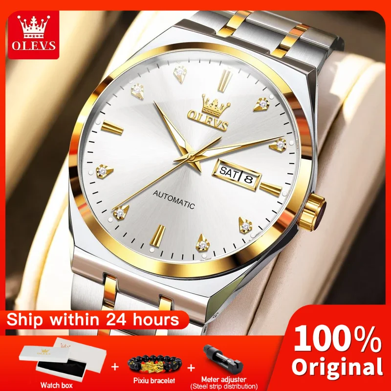 

OLEVS 9811 Mens Watch Original Luxury Waterproof Luminous Automatic Mechanical Watch Reloj Watch For Man Dual Calendar Watch Box