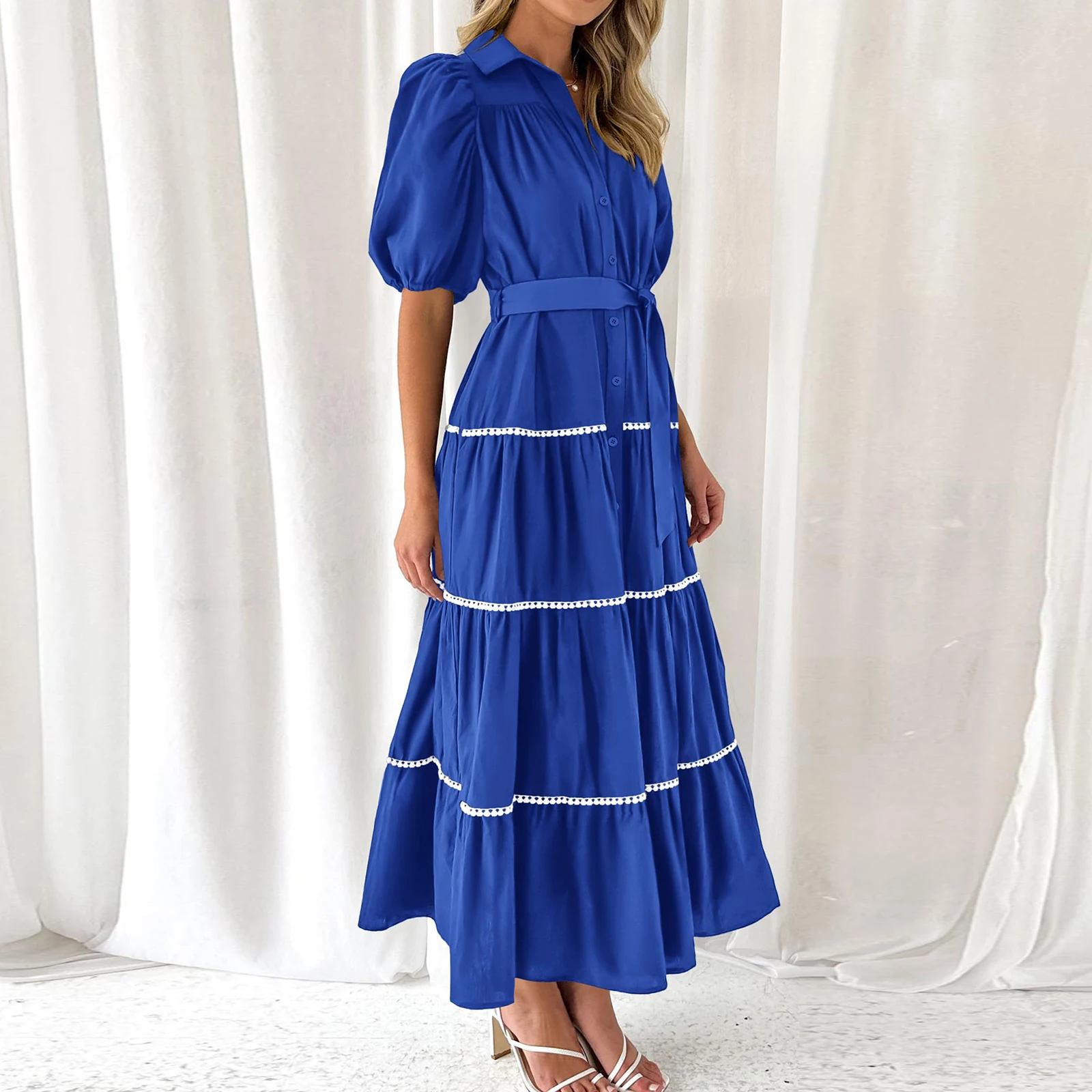 Vestido de camisa de verão feminino, Manga curta inchada, Ruffle Flowy Maxi Vestidos em camadas