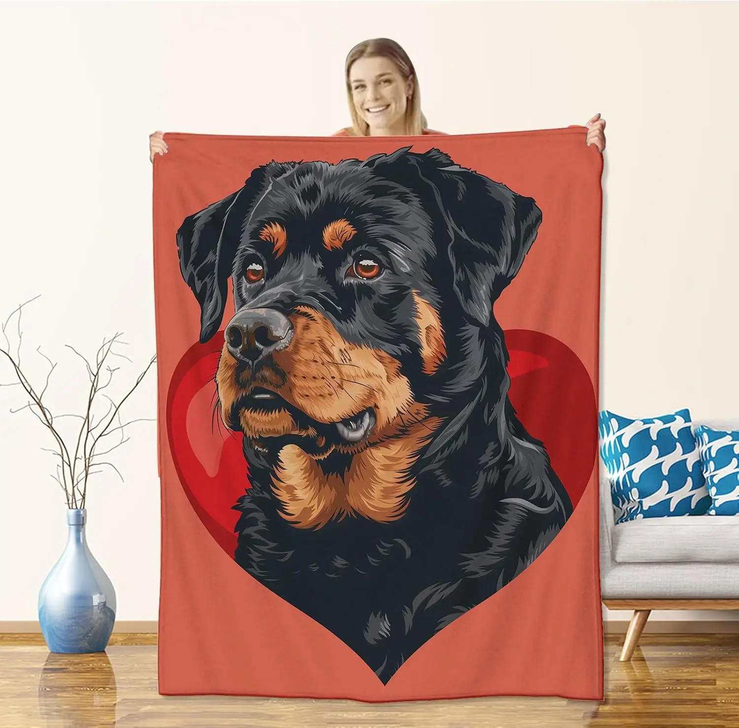 Rottweiler Blanket for Adults Kids, Flannel Rottweiler Dog Blankets Gifts, Love Rottweiler Throw Blanket for Sofa Couch Bed