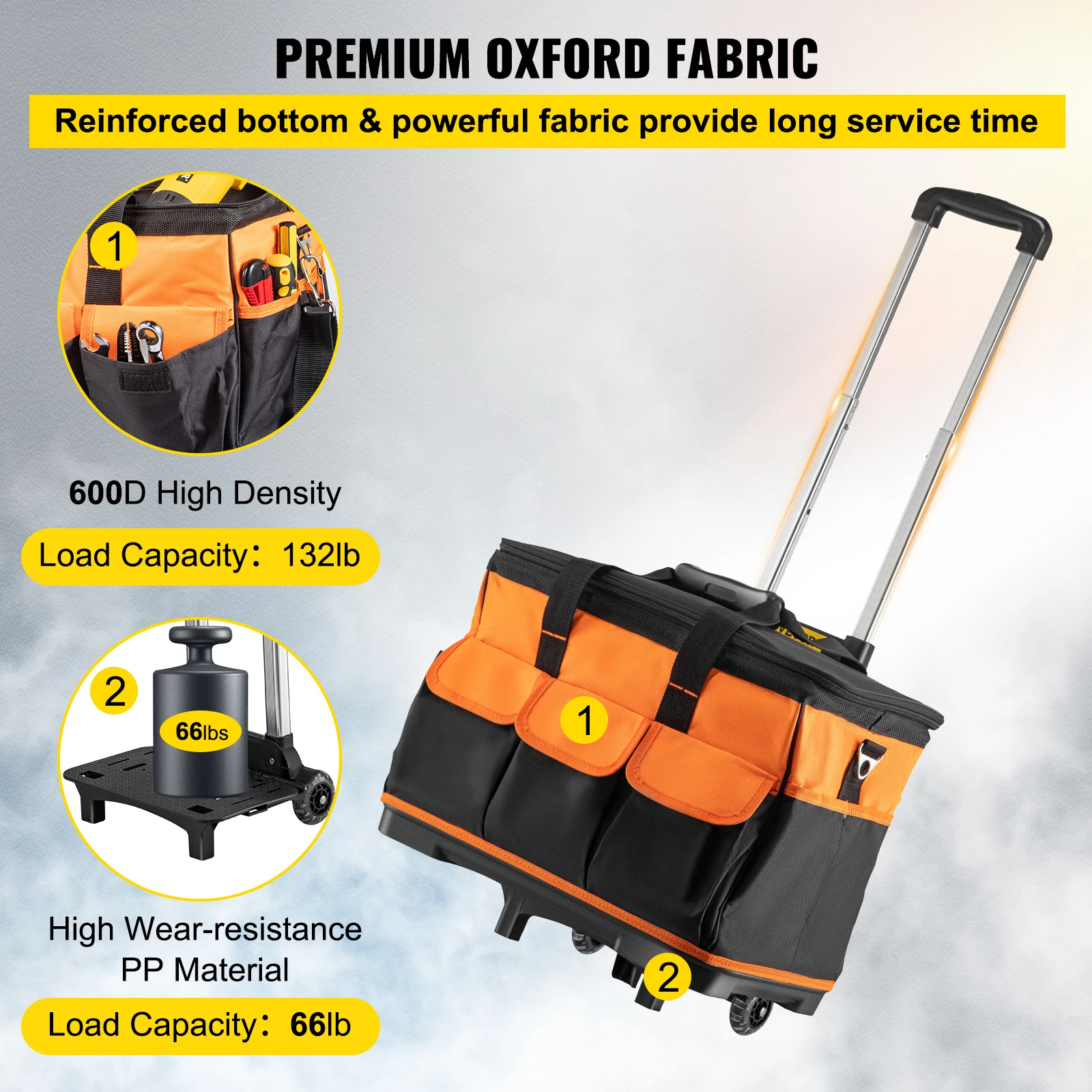 VEVOR Rolling Tool Bag Trolley Large Capacity Electrician Woodworking Tools Storage Bag Organizer Tote Professional Hardware