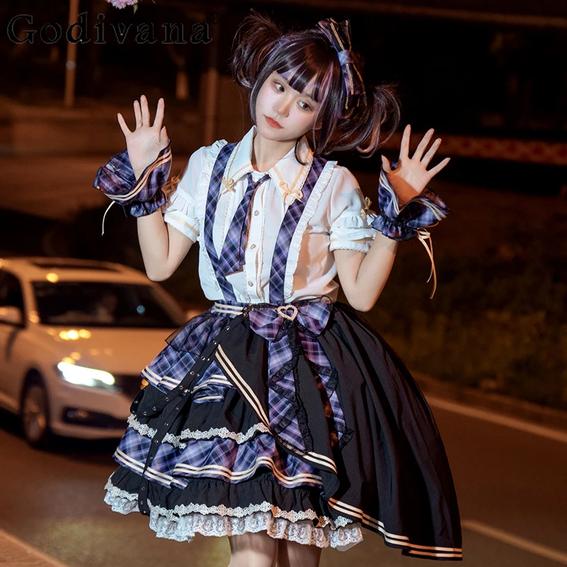 Mulheres verão lolita traje jsk terno camisa de manga curta rendas até gravata costura suspender saia roupas meninas vestido xadrez conjunto