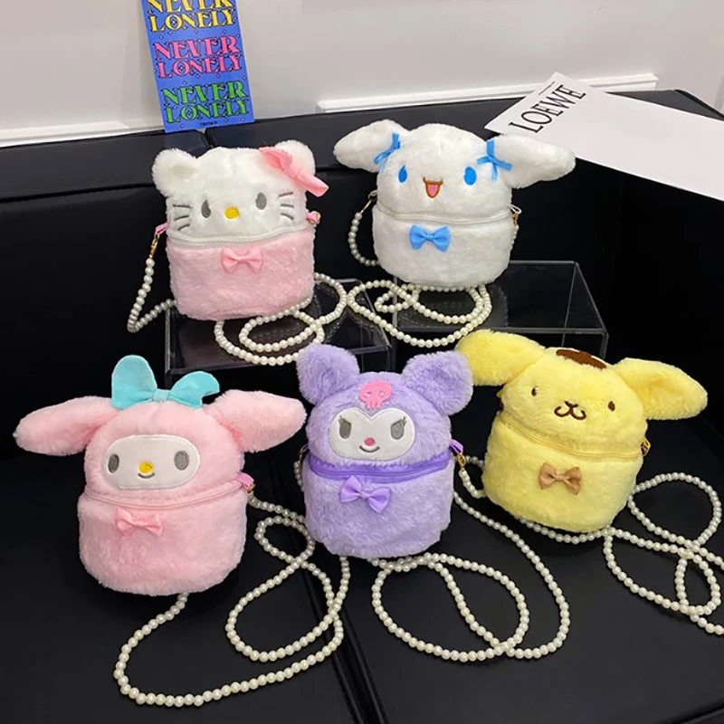 Sanrio Kuromi Melody Pearl Chain Cross-body Bucket Bag Autumn And Winter Plush Bag Cute Soft Girl Change Storage Bag Batch