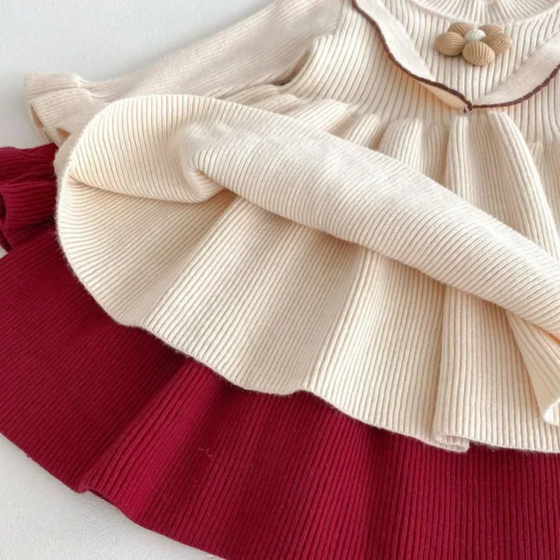 Dress for Baby Girls Warm Knitted Dress Autumn Winter Sweet Flower Red Princess Dress Girls Sweater Casual Toddler Girl Clothing