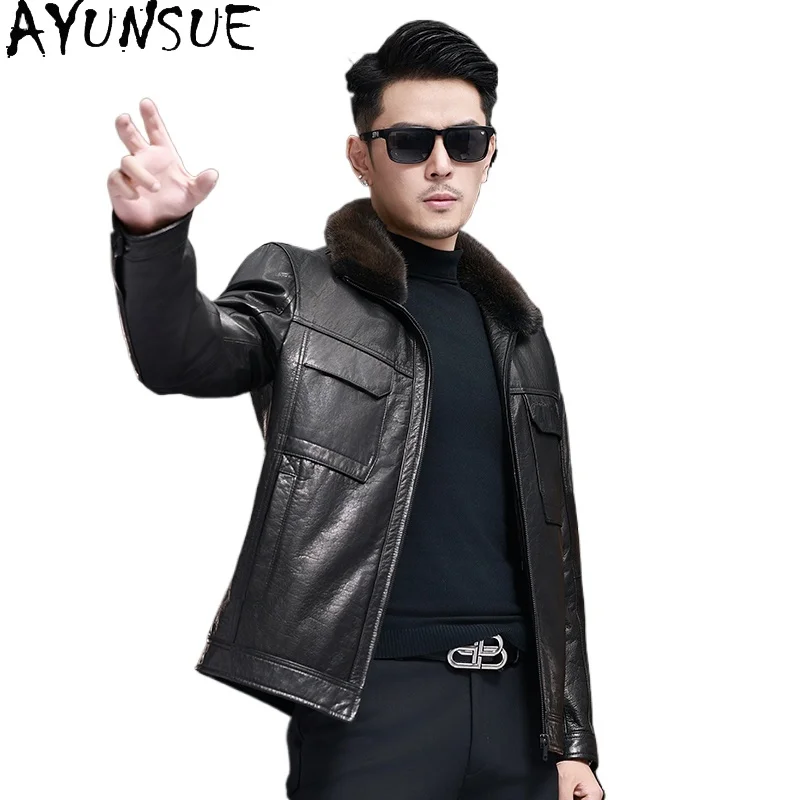 

AYUNSUE 100% Genuine Leather Jacket Man New Winter Detachable Down Liner Coats Mink Fur Collar Real Cowhide Puffer Coats Jackets