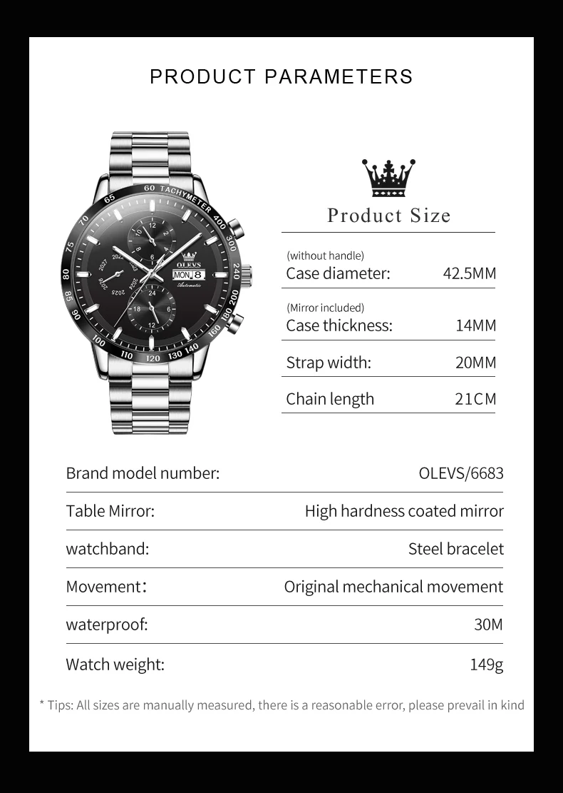 OLEVS-Reloj de pulsera para hombre, accesorio masculino de pulsera resistente al agua con doble Calendario, complemento mecánico de marca de negocios con esfera grande de 6683mm, 42,5