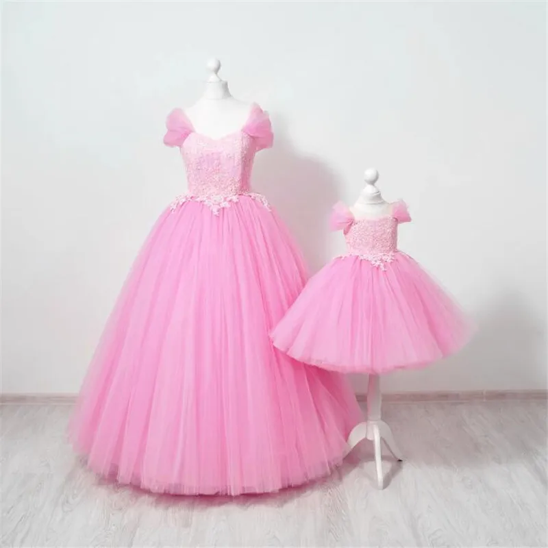 Gorgeous Flower Girl Dress Wedding Party Prom Gowns Handmade Mummy Daughter Birthday Party Dress Formal Wears Mom Kids Clothing