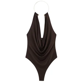HXAO Brown Halter Bodysuit Women Summer Bodys For Sexy Women Off Shoulder Sleeveless Thong Bodysuit With Open Back Rave Bodysuit 3