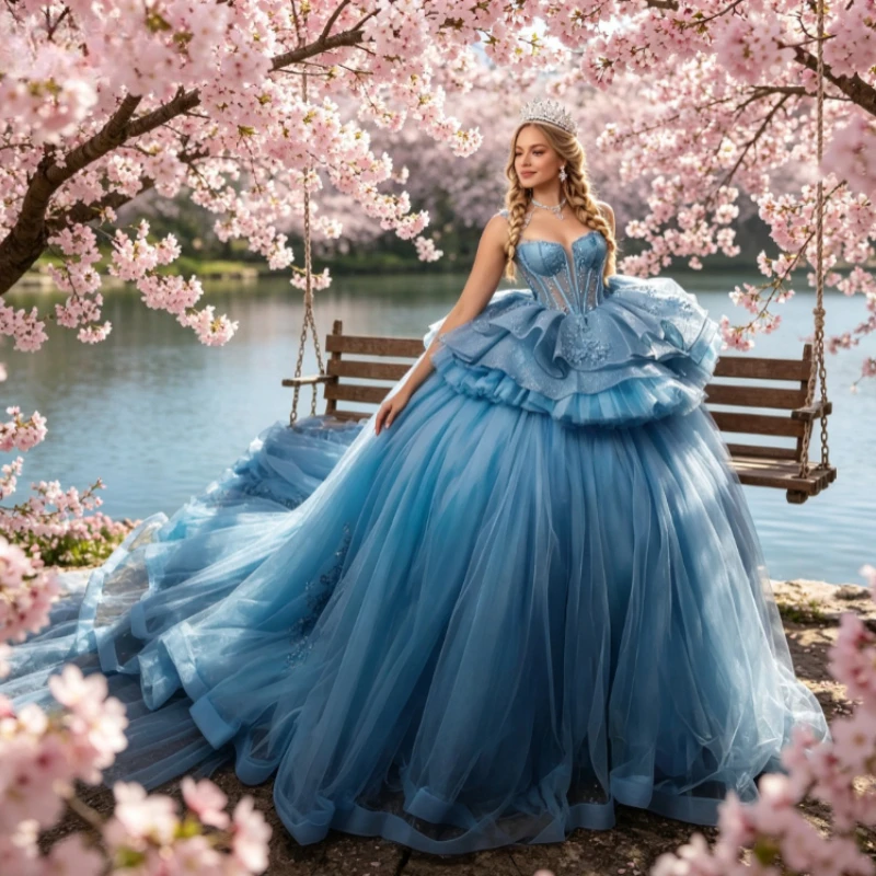 Customized Graceful Exquisite Gorgeous Blue Quinceanera Dresses Beaded Corset Vestidos  Lace Appliqued Charming Ball Gown
