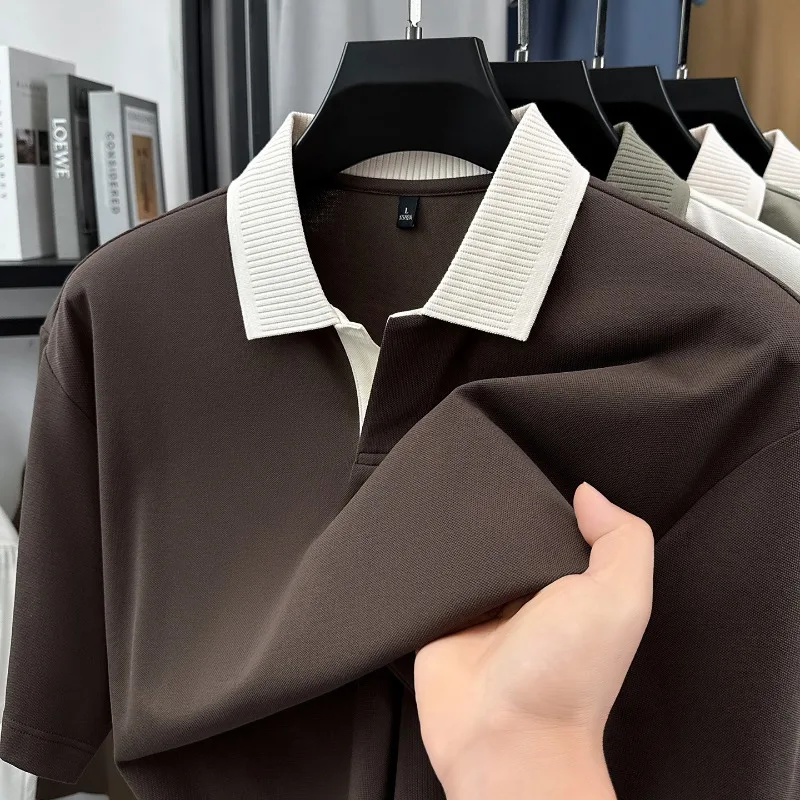Summer Light and Thin Men Short Sleeved Polo Shirt Pure Cotton V-neck Top High Stretch Loose Casual T-shirt Fashion Men Clothing