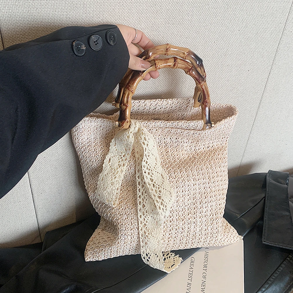 Bolsa tecida palha com alça de bambu para mulheres, sacos de praia, grande capacidade, moda, verão, festa, férias