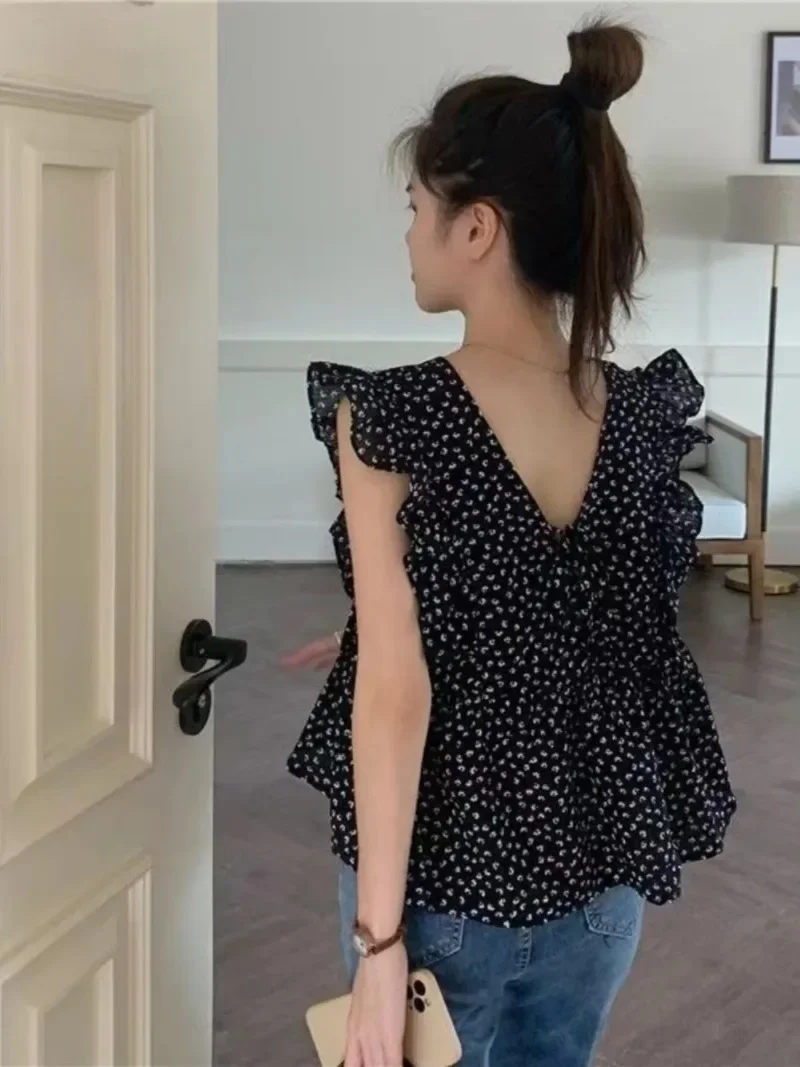 

French sle V-neck Floral Flng Sleeves Shirts Women Floral Summer New Design Sense Waist Hugging Frill Vest Shirt Top
