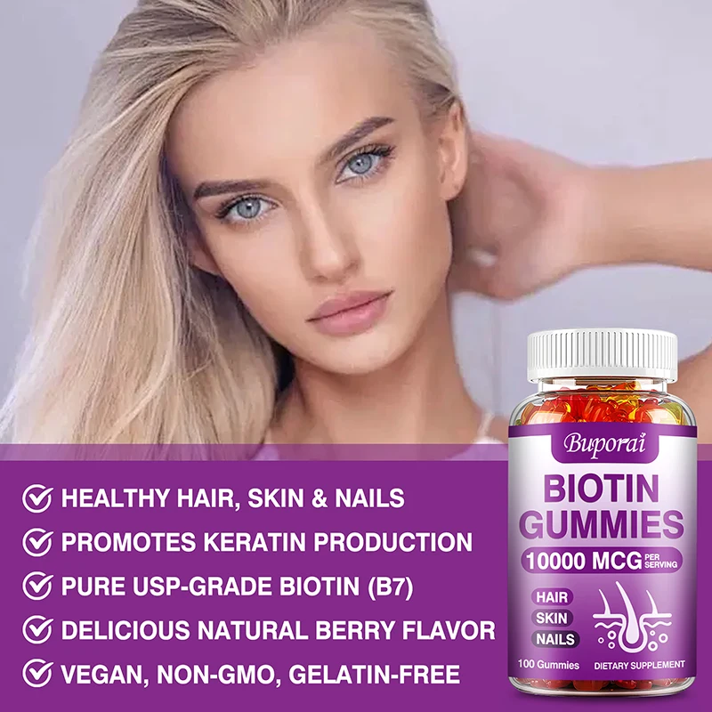 Biotin Gummies 10000mcg - Stronger Hair, Skin, and Nails - Vegan, Non-GMO, Gluten Free