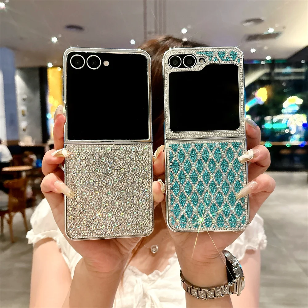 

Luxury Glitter Rhinestone Rhombus Pattern Phone Case for Samsung Galaxy Flip 7 6 5 4 Silver Plating Cover Funda Galaxy Flip 6
