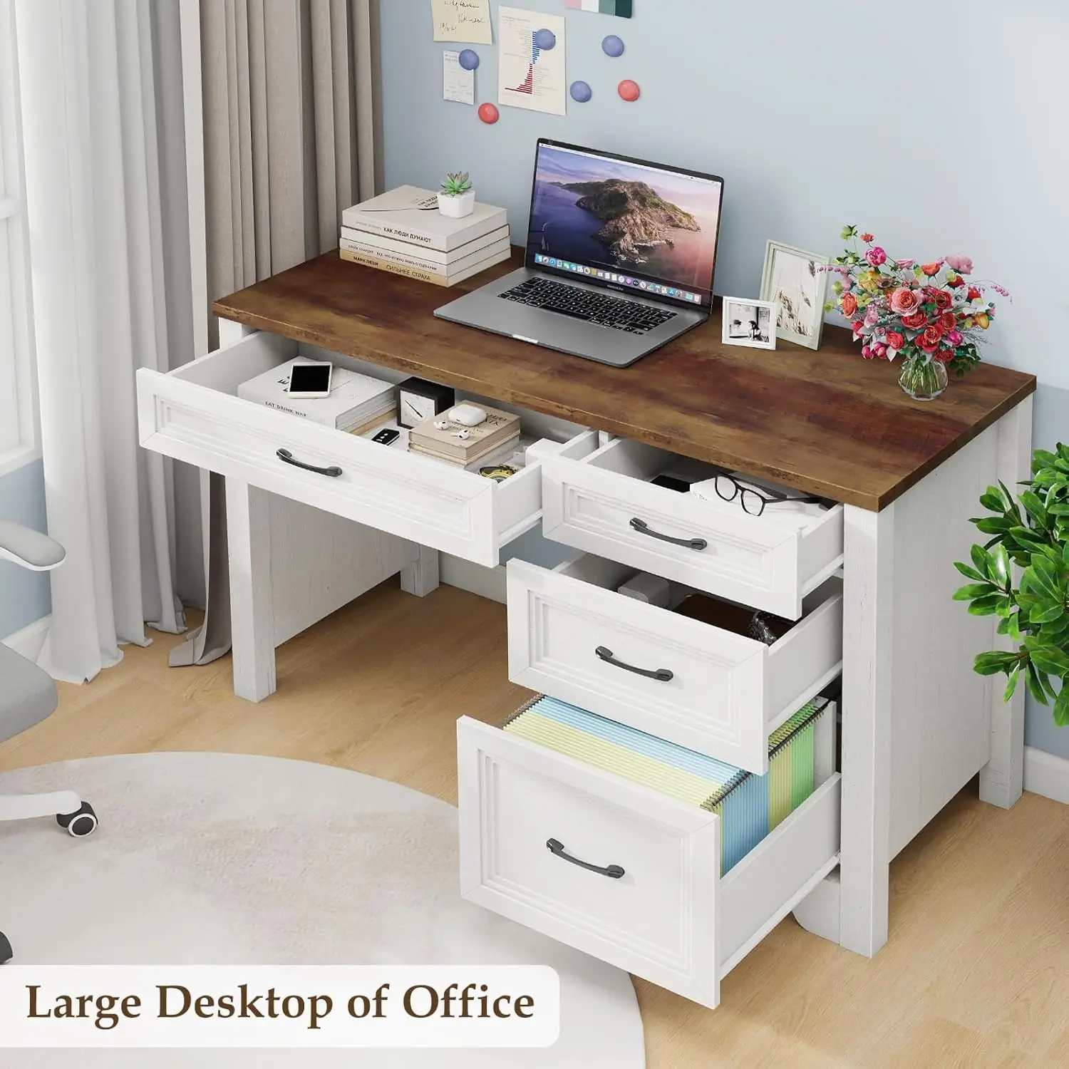 Farmhouse Executive Desk With Drawers, Wood Computer Desk With Ample File Drawer, Rustic Home Office Desk With Storage For Bedro