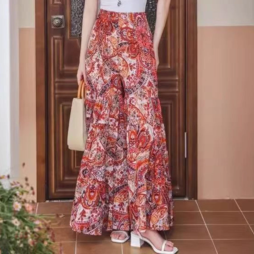 Wide-leg pants summer loose new casual high-waisted trousers beach pants thin printed pants vacation culottes women